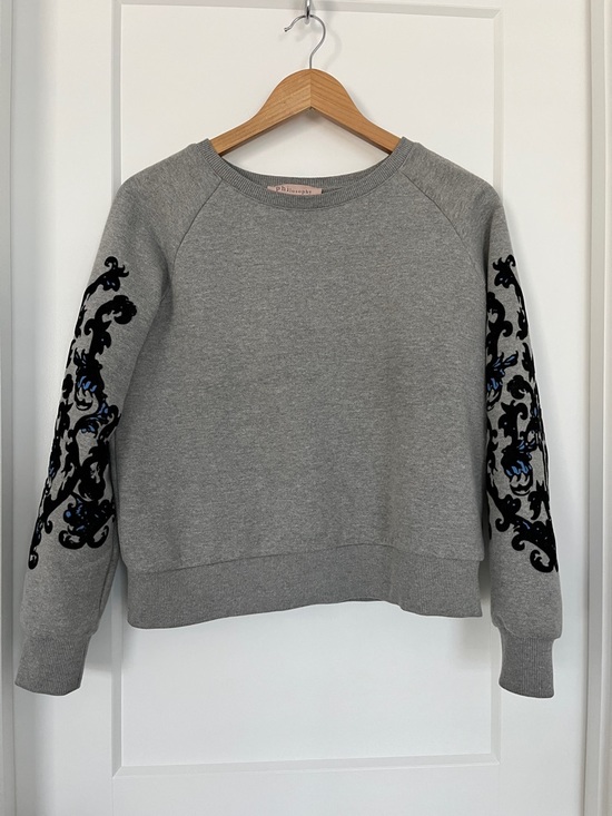 Philosophy Sweaters - Philosophy Gray Sweatshirt with Black and Blue Sleeve Embroidery